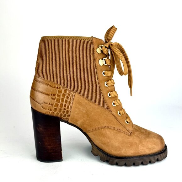 Gibson Latimer Tan Leather Lace-Up Ankle Boots 8M | Croc Heel, Side Zip - Picture 3 of 12